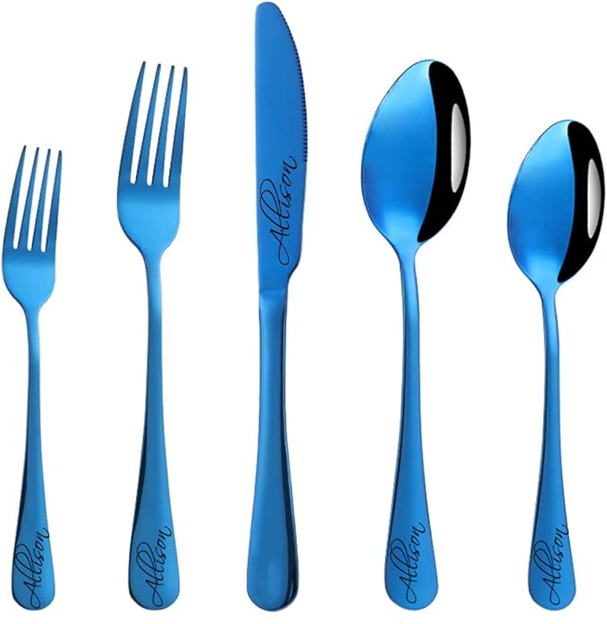 Stainless Steel Customized Flatware Set,Engraving Name Knife Forks Spoon,Personalized names will be engraved on your tableware, Customized Birthday Christmas Gift Blue