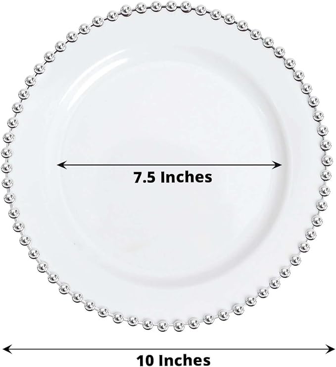 10" Dinner Plates - Set of 20 - Plastic White/Silver Round Disposable Plate Beaded Rim, Ideal for Decoration Party Wedding Bulk Events