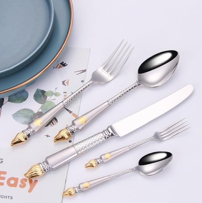 Stainless Steel Flatware serving set,Home Kitchen Eating Tableware Set,Dishwasher Safe,For Home Kitchen Restaurant Hote 5/20 Piece 304 Stainless Steel Steak Knife And Fork Set Light Luxury Sandblastin