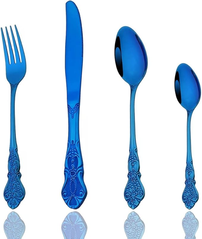 JASHII 4-Piece Blue Cutlery Set Silverware Set, Mirror Polished, Stainless Steel Flatware Cutlery Eating Utensils Service for 1, Unique Elegant Pattern, Dishwasher Safe (Blue)