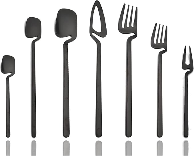 JASHII 28-Piece Silverware Set, 304 Stainless Steel Flatware Cutlery Set Service for 4, Metal Eating Utensil Set, Including Fruit Fork and Ice scoop, Hangable & Matte - Dishwasher Safe - Black