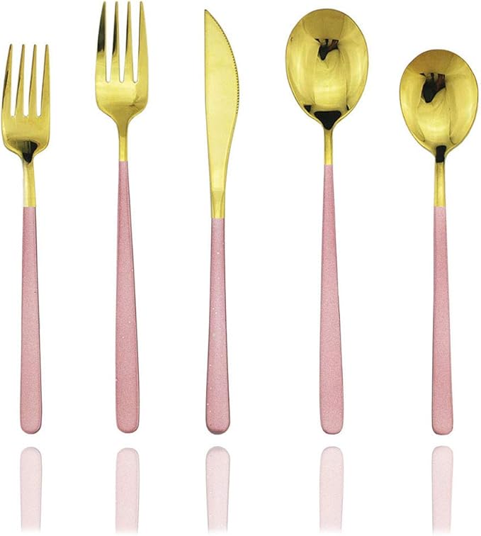 JASHII 20-Piece SUS304 Stainless Steel Flatware Set, Mirror Polishing Dinnerware Set Service for 4, Knife/Fork/Spoon/Dessert Spoon/Dessert Fork (Pink gold)