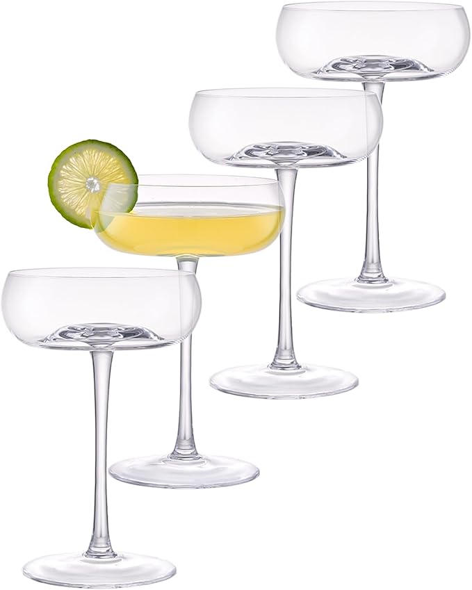 Handmade Coupe Glasses Set of 4 – 8.5oz Crystal Cocktail Glasses with Unique Convex Base, Elegant Coupe Glassware for Margarita, Martini, Champagne, Manhattan & Cocktails