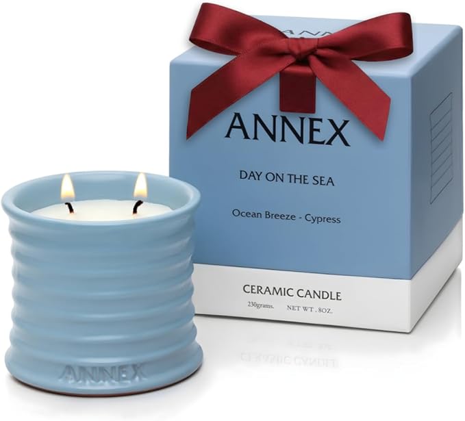 Scented Luxury Candles in Handmade Ceramic Jars, Soy Wax | Day On The Sea – Cypress & Cedar, Large Candle | Non Toxic, 2 Wicks, Reusable Big Blue Jar | Natural Spring Aromatherapy for Women & Men