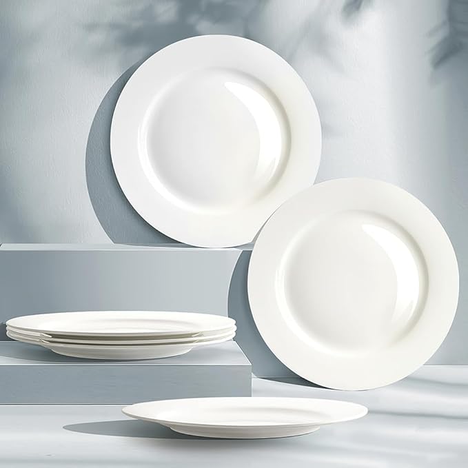 IQCWOOD Ceramic White Dinner Plates Set of 6, 10.5 Inch Round Plates for Pizza Salad Pasta Appetizer Steak Porcelain Serving Dishes Restaurant Dishes, Salad Plates, Scratch Resistant