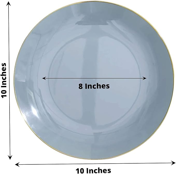Efavormart 10 Pack | 10" Glossy Dusty Blue Round Plastic Dinner Plates With Gold Rim, Disposable Party Plates
