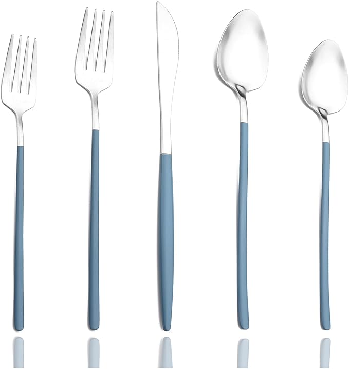 JASHII Matte Blue and Silver Silverware Set, 304 Stainless Steel Flatware Set Service for 4, Tableware Cutlery Set for Home Restaurant Party, Dinner Forks/Spoons/Knives, Slim Handle, Dishwasher Safe