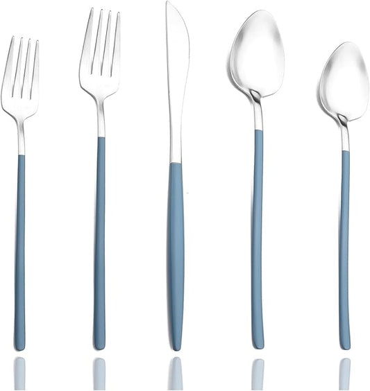 JASHII Matte Blue and Silver Silverware Set, 304 Stainless Steel Flatware Set Service for 4, Tableware Cutlery Set for Home Restaurant Party, Dinner Forks/Spoons/Knives, Slim Handle, Dishwasher Safe
