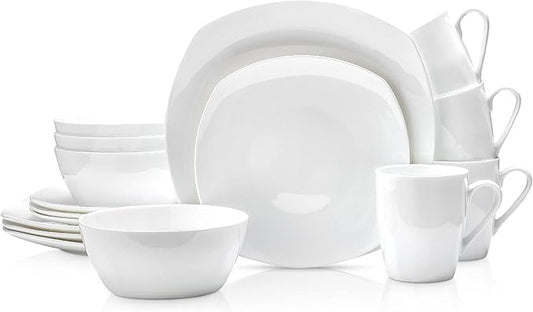 Stone Lain Bone China Soft Square 16 Piece Dinnerware Set, White