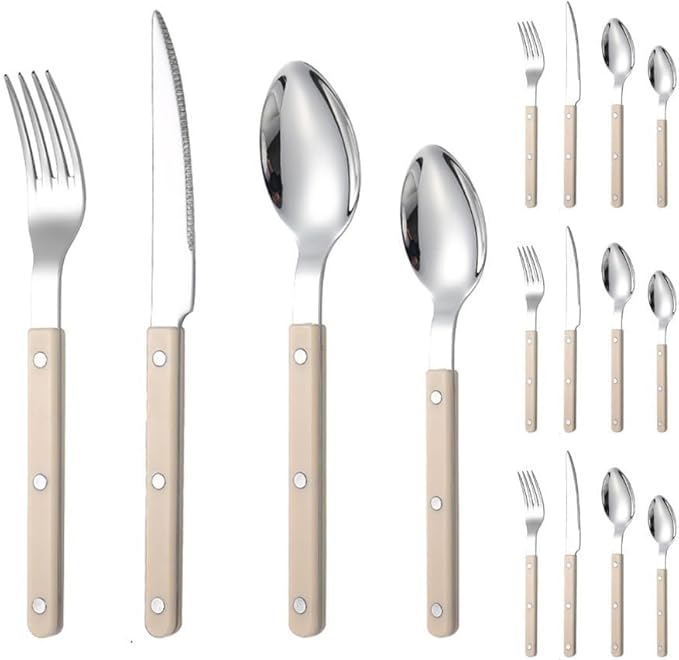 Rivet ABS Clamp Handle Kitchen Stainless Steel Silverware Tableware Flatware Cutlery Set Steak Knife Fork Spoon Teaspoon Western Tableware Butter Knife Set (Beige,16 pieces)