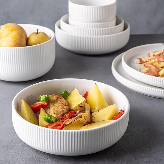 Ceramic Tableware Nordic Ceramic Tableware Matte Glazed Style Dishes Sets Salad Soup Bowl Flat Plate Dinnerware Dinner Set,White 6 Person Set