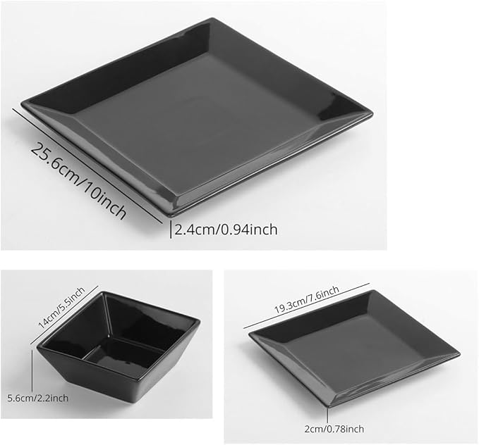 DOMINI 12-Piece Square Dinnerware Set, Service for 4, Porcelain Dishes Dinner, Square-Black