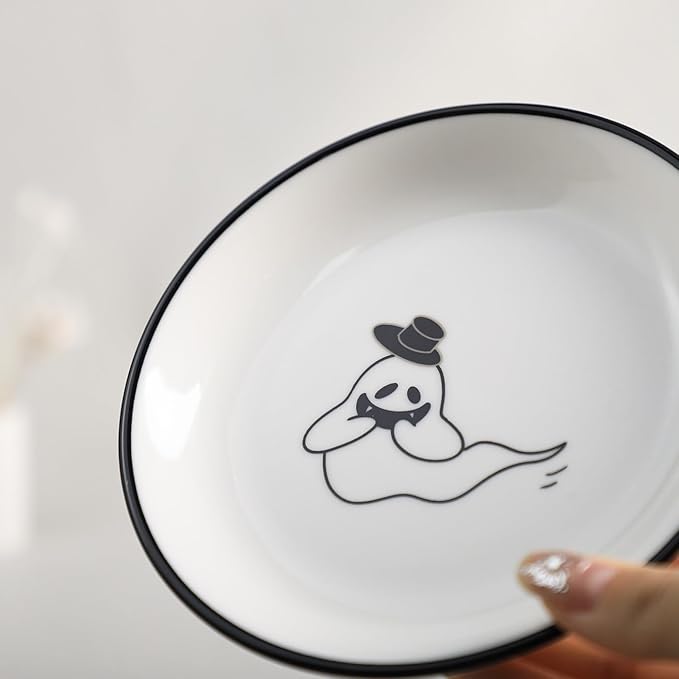 SOCOSY Cute Cartoon Ghost Seasoning Dishes Sauce Dishes Sushi Dipping Bowls Appetizer Plates Little Cat Feeding Plates, Serving Dish for Home Kitchen Restaurant Halloween-Ghost-5 Inch