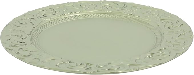 50 Pcs Antique Charger Plates Bulk Round Plastic Dinner Plate Embossed Rim Server Plate Decorative Chargers Floral Plates for Dinner Parties Wedding,13 Inch (green-50pcs)