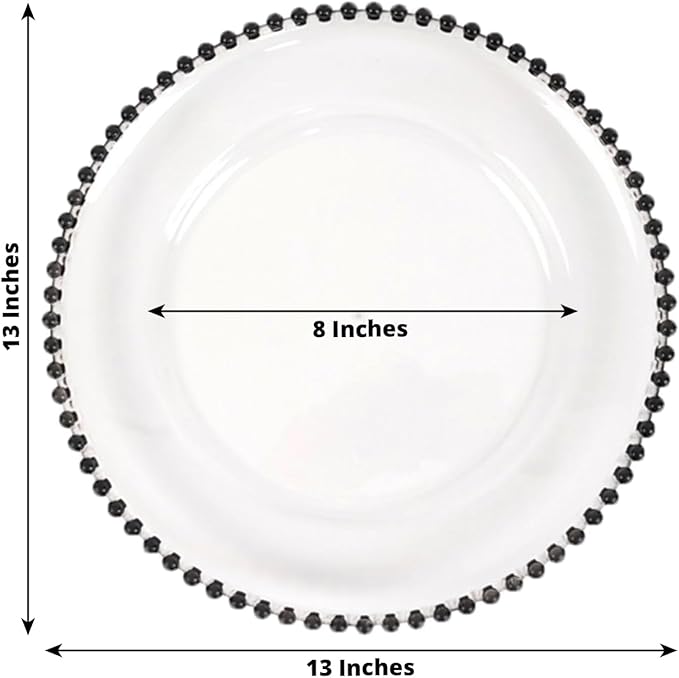 13" Charger Plates - Set of 12 - Clear/Black Round Acrylic Disposable Chargers with Beaded Rim, Ideal for Dinner Party Wedding Bulk Events