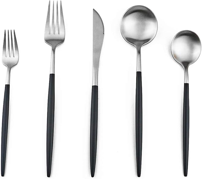 Gugrida Luxury Flatware, Royal 5 Piece Matte Black Handle 18/10 Stainless Steel Tableware Sets for 1 Including Forks Spoons Knives, Camping Silverware Travel Utensils Set Cutlery (Black Silver)