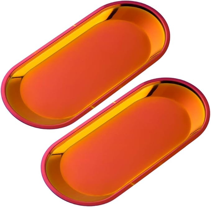 Buyer star Orange Red 2PCS 9inch Stainless Steel Oval Tray Fruit Trays Storage Tray Dish Plate Cosmetics Jewelry Decorative Organizer