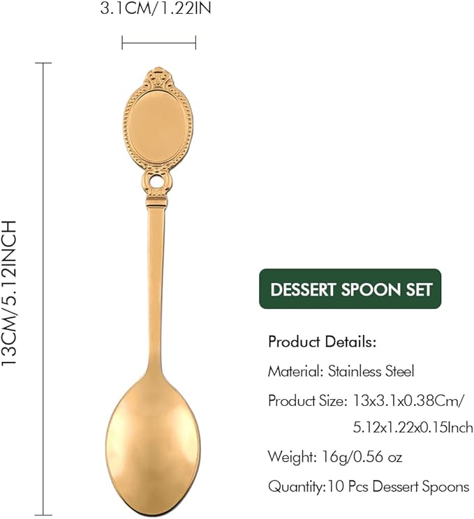 Dessert Spoon Set, 10Pcs Stainless Steel Creative Tableware Coffee Spoon Gold Plated Mini Teaspoons Set Sugar Stirring Ice Cream Soup Mixing Antipasto Cappuccino Cake Spoons