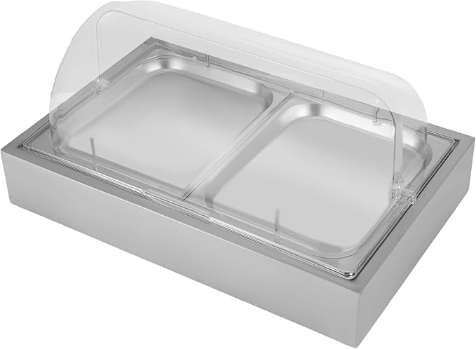 2 Pans Ice Food Serving Display Tray, Stainless Steel Countertop Food Serving Display Container Cooling Food Display Case with Lid for Buffets,Restaurants,Hotels (Silver)