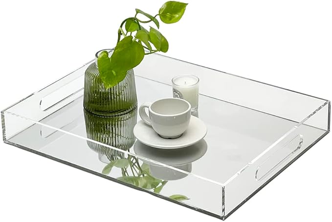 pbf Acrylic Serving Tray with Handles | Clear Acrylic Tray | Spill-Proof, Stackable 12x16 Mirrored Tray | Lucite Tray Organizer | Food, Cracker, Usherette, Bar Cart, Sandwich Tray for Parties