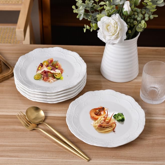 Ceramic Dishes Set of 6,White Porcelain Dinner Plates,Heat Resistant,Scratch Resistant,Highly Glossy Glaze,Embossed,Dishwasher Safe,Microwave Safe,Oven Safe,8 Inch