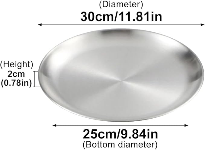 Stainless Steel Food Trays, Round Flat Dish Bread Pastry Baking Pan, Tea and Bar Serving Tray Party Cake Dessert Plate, Silver,XL(30x25x2cm)