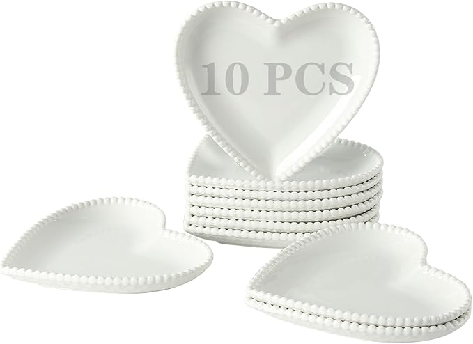 OMAYKEY 7.5 Inch Ceramic Dessert Plates Set of 10, Porcelain Salad Plates, Heart Shaped Appetizer Plates, Small Dinner Plates for Cake, Snack, Ice Cream, Microwave, Oven, Dishwasher Safe, White