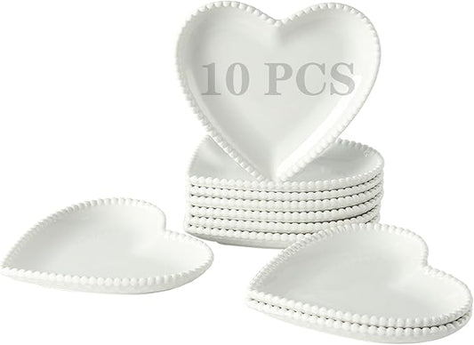 OMAYKEY 7.5 Inch Ceramic Dessert Plates Set of 10, Porcelain Salad Plates, Heart Shaped Appetizer Plates, Small Dinner Plates for Cake, Snack, Ice Cream, Microwave, Oven, Dishwasher Safe, White