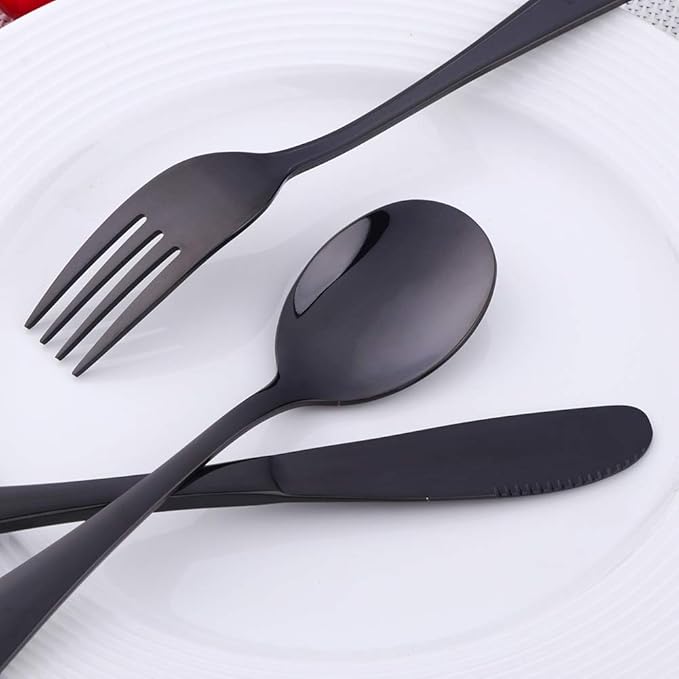 Flatware Silverware sets, 6pcs 18/8 Stainless Steel Cutlery Serving for 2, BPA-free Children Self-feeding Safe Kitchen Utensils, Mirror Polished (Black)