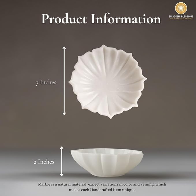 SWADESHI BLESSINGS HandCrafted Marble Lotus Bowl/Organic Modern Home Decor Bowl/Fruit Bowl/Vintage Ring Dish/Decorative Flower Dish/HouseWarming Gifts/Wedding Gifts/Urli (7 Inches)