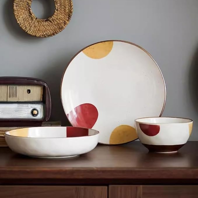 FEELIN Modern Large Dinner Plates Japanese Ceramic Plate Home Dish Plate Rice Bowl Retro Shallow Plate Steak Plate Dinner Plate Soup Bowl Stackable Dinner Plates(Color:C)