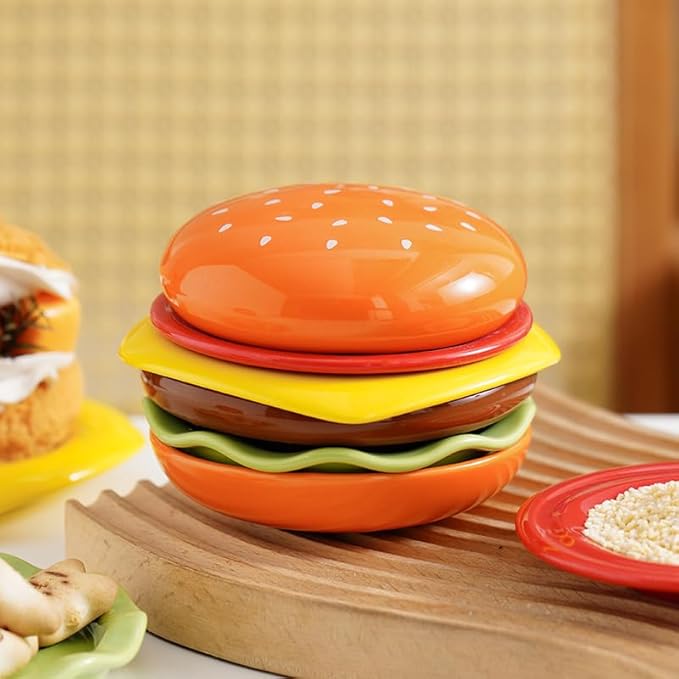 6-Piece Stackable Burger Plate Set - Hamburger Tableware Multi-Layer Dish Set for BBQ, Party & Appetizers (Mini Snack/Dessert Plates, Sushi Dip Tray) - Durable & Space-Saving
