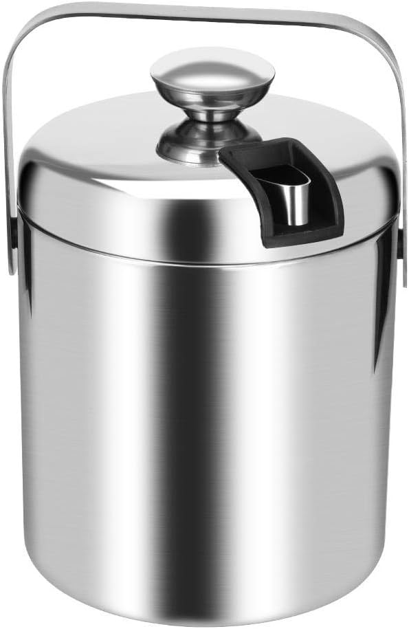 Stainless Steel Ice Cube Container Double Walled 1.3L Ice Bucket Container with Tongs Lid and One Small Metal Ice Scoop