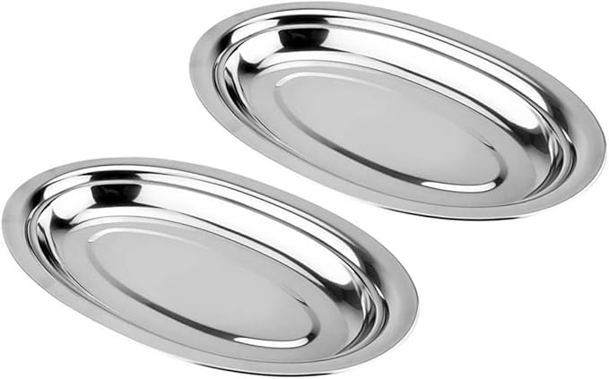 PRETYZOOM 2pcs Stainless Steel Oval Plates Serving Trays Steak Serving Plate Food Safe Rounded Edges Polished Finish