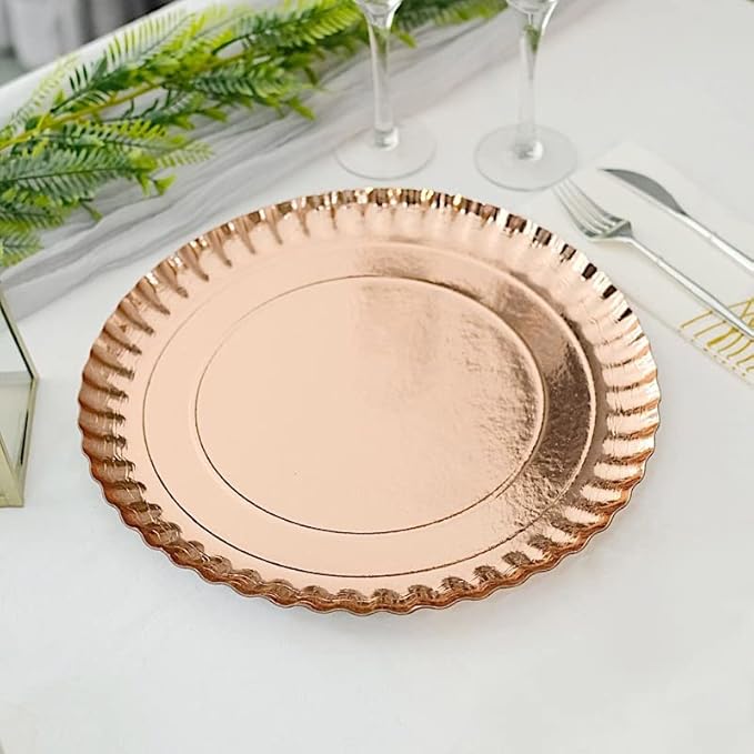 10 Rose Gold 13 in Round Paper Serving Trays with Scalloped Rim Design - Disposable Wedding Party Tableware Supplies