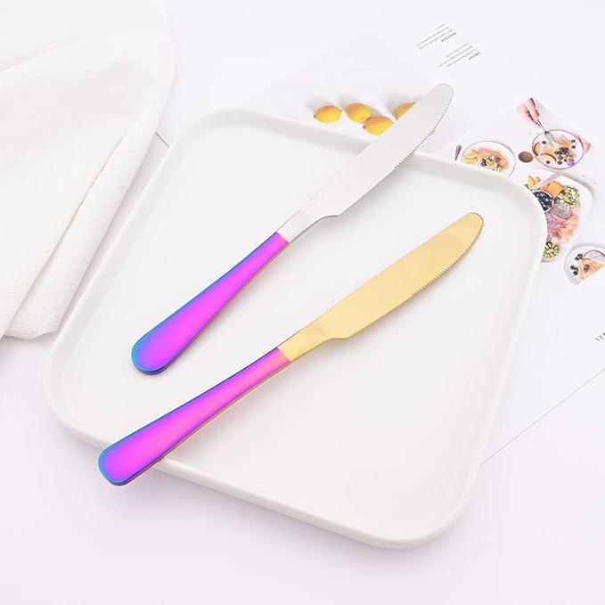Dinner Knives 6 Pcs - 9.0In Stainless Steel Shiny Gold Table Knife with Rainbow Handle - Heavy Duty Spreader Knife Flatware Utensils for Dessert Meat - Mirror Finish