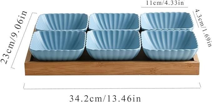 Sauce Dish 6 Compartment Divided Ceramic Sauce Dish Dipping Bowls Fruit Dessert Small Dish Appetizer Plates for Soy Sauce Vinegar Sushi Kethup BBQ Sauces(with Tray) Dipping Bowls (B)