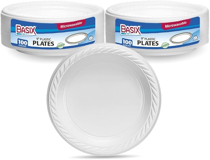 Basix [200 Count] Disposable 9 inch White Plastic Dinner Plates, Microwavable, Great For Events, Home, Office, Wedding, Parties, or Everyday Use, 2 Packs