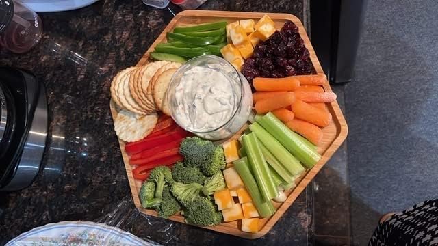 Bamboo Serving Trays Charcuterie Platter 16.5"x11.8"（42x30cm with Handle, Set Includes 1xHexagon 12.5"(32cm)+1xSquare 7.8"(20cm)+1xSquare 5.9"(15cm) Small Plates for Family Dinner