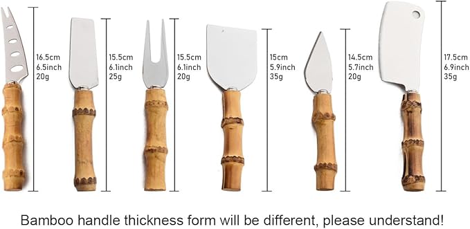 6-Piece Bamboo Silverware Set, Stainless Steel Flatware Hostess Serving Set Bamboo Utensils Tableware Set for Home Camping Travel Hotel - 6pcs Cheese Knife