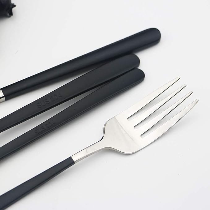 JASHII 20-Piece SUS304 Stainless Steel Flatware Set, Mirror Polished Black Silver Silverware Set Dinner Knife Fork Spoon Dessert Fork Salad Spoon Service for 4.(Black silver)