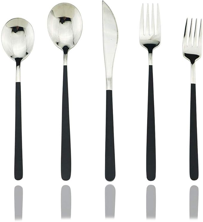 JASHII 20-Piece SUS304 Stainless Steel Flatware Set, Mirror Polished Black Silver Silverware Set Dinner Knife Fork Spoon Dessert Fork Salad Spoon Service for 4.(Black silver)