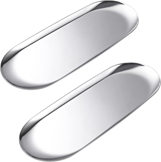 Set of 2 Silver Oval Stainless Steel Tray – Mini Coffee Table Tray for Jewelry, Cosmetics & Candles.