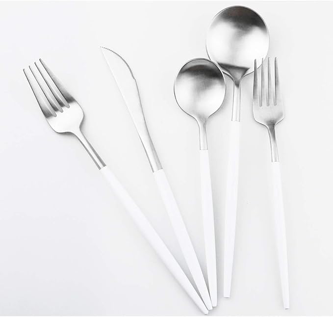 Gugrida White Silver Flatware, Royal 5-Piece Matte White Handle 18/10 Stainless Steel Tableware Sets for 1 Including Forks Spoons Knives, Camping Silverware Travel Utensils Set Cutlery (White Silver)