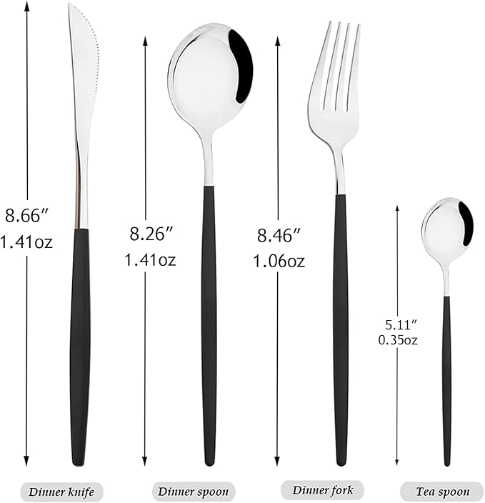 8-Piece Picnic Tableware Set, Mirror 18/0 Stainless Steel Couple Cutlery Set Include Knife, Fork, Spoon, Coffee Spoon, Metal Daily Basic & Classic Utensils For 2 People, Black Silver