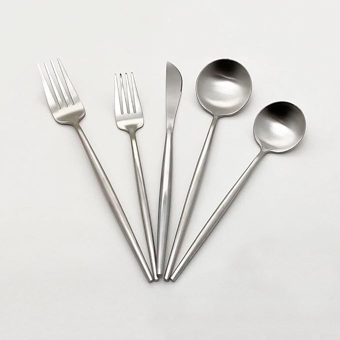 DragonFruitee 5-Piece Flatware Set, Matte Silver Finish, Premium Stainless Steel Luxury Tableware Cutlery Set for Home and Restaurant, Dishwasher-able