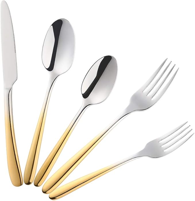 Buyer Star Stainless Steel Flatware Gradient Gold Silverware Set Dinner Spoons Forks Set Kitchen Tableware Cutlery Service for 4 (Service for 4, Style A-Gradient Gold)