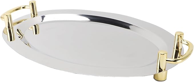 Silver Tray with Stainless Steel Platter with Handle – Multifunction Portable Serving Tray for Restaurant & Hotel Buffet, Rectangle Shape, 47.5cm (Round Shape with Gold Handle, 46cm)