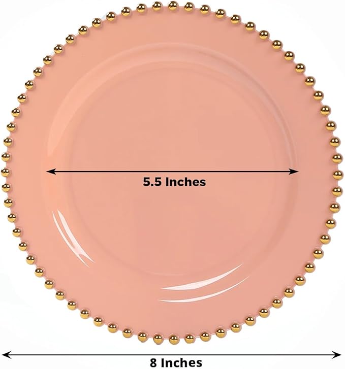 8" Salad Plates - Set of 10 - Plastic Dusty Rose Round Disposable Dessert Appetizer Plate with Gold Beaded Rim, Ideal for Dinner Party Wedding Bulk Events