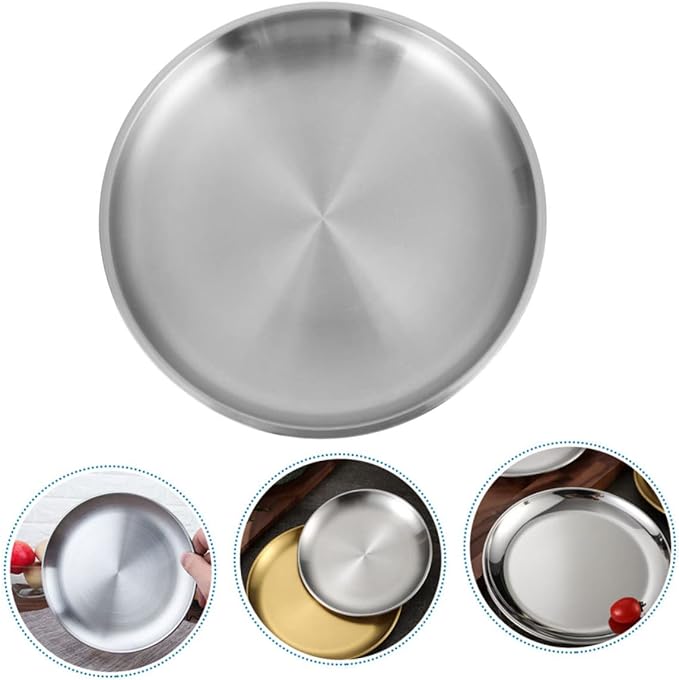 GLEAVI 1pc Thickened Round Plate Stainless Steel Serving Tray Fruit Tray Lid Non-Slip Design Modern Kitchen Accessory